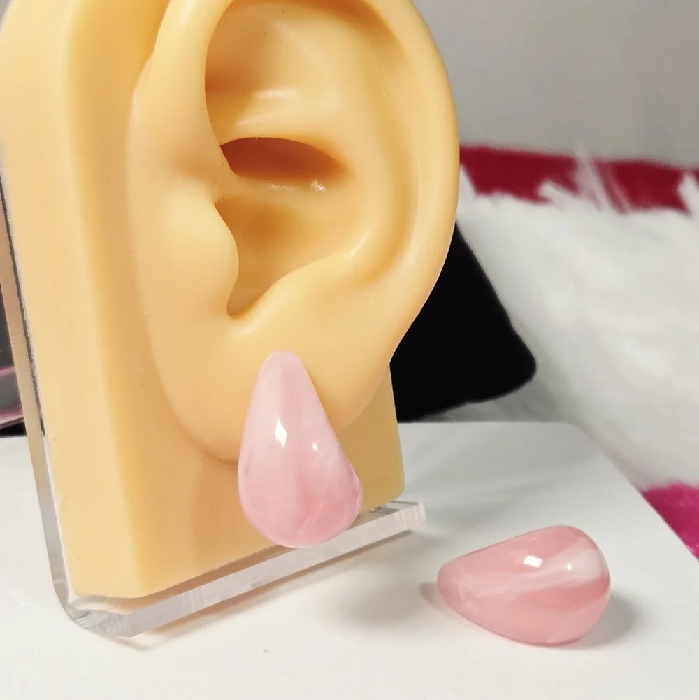 Blush Pink Marbled Teardrop Dome Earrings Glossy Chunky C-Hoop Retro Studs